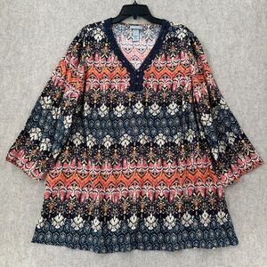 Catherines Tunic Top Womens 1X Pullover‎ V Neck Crochet Detail Multicolor Boho